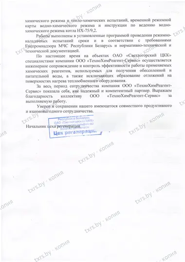 Отзыв ОАО «Светлогорский ЦКК», лист 2: инженерное сопровождение и контроль эффективности реагентов